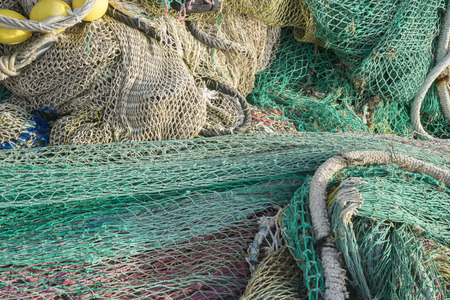 rigs and fishing nets with a port in Mallorca, Spain. Detail of wires and cordsの写真素材