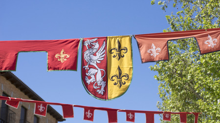 knight, medieval coats of arms in a traditional ancient art fair in Madrid, Spainの写真素材