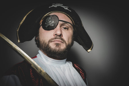 man pirate with eye patch and old hat with funny faces and expressive