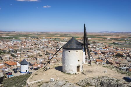 cereal mills mythical Castile in Spain, Don Quixote, Castilian landscape with very old architectureの写真素材