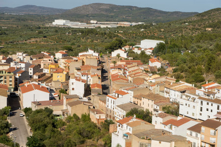 Aerial view of white houses and clay tiles, Villafam?s rural villa in Castellon, Valencia region in Spainの写真素材