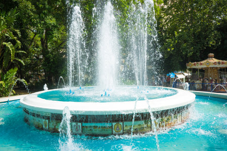 sources with large water jets summer in Marbella, Andalucia Spainの写真素材