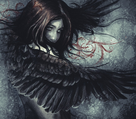 Illustration sketch of  woman with eagle wings, made with digital tabletの写真素材