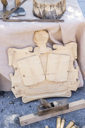 craft workshop traditional tools sculptor, wood, hammers and chisels for working stoneの写真素材