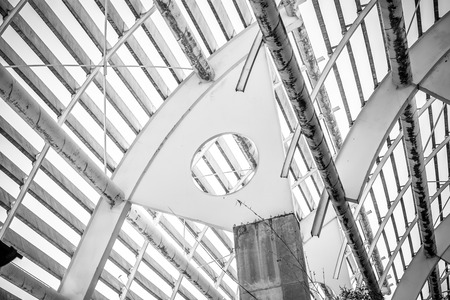 Factory, forged steel structure, metal roof with metal bars and beamsの写真素材