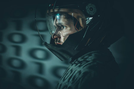 Military, Fantasy and science fiction scene, space man with metallic helmet and laser beam weaponの写真素材