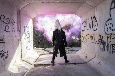 Man with smoke on his head in a lonely place, concept loneliness and depression, addiction and drugs