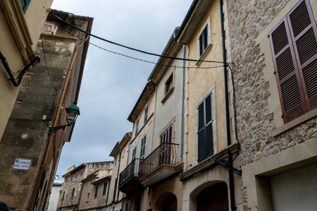 View of Puerto Pollensa in the Balearic Islands, Spain, old stone streets and traditional...