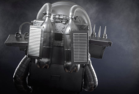 Space man, astronaut dressed in silver or metalized space suit. Armed with a laser gun and...
