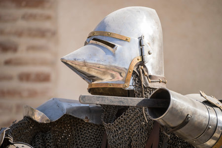 medieval iron armor with helmet and chain mail