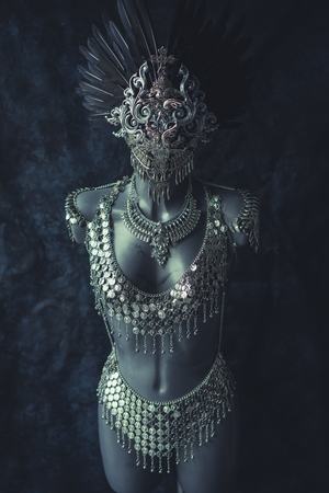 handmade piece, silver jewelry costume with chains and coins. wears a headdress made with feathers and gothic piecesの写真素材