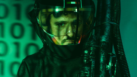 Soldier, cyborg man of the future with helmet lights led and huge laser gun