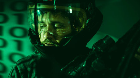 cyborg man of the future with helmet lights led and huge laser gunの写真素材