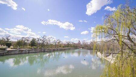 Tourism, The Tajo River next to the Palace of Aranjuez. waterfalls with ducks and geeseの写真素材