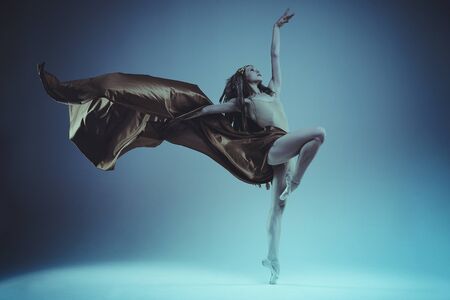 ballet dancer with indian feathers and a large brown fabric in the wind, capture of movement.の写真素材