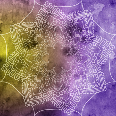 Indian Mandala over colorful watercolor. Beautiful vintage round pattern.  abstract background. Decorative art. Invitation, t-shirt print, wedding card. Tattoo element.の写真素材