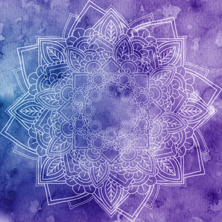 Meditation, Mandala over colorful watercolor. Beautiful vintage round pattern.  abstract background. Decorative art. Invitation, t-shirt print, wedding card. Tattoo element.の写真素材