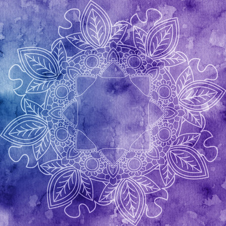 Indian Mandala over colorful watercolor. Beautiful vintage round pattern.  abstract background. Decorative art. Invitation, t-shirt print, wedding card. Tattoo element.の写真素材