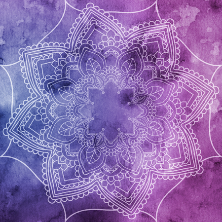 Mandala over colorful watercolor. Beautiful vintage round pattern.  abstract background. Decorative art. Invitation, t-shirt print, wedding card. Tattoo element.の写真素材