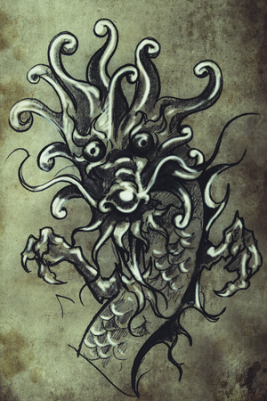 Tattoo sketch, handmade design over vintage paperの写真素材