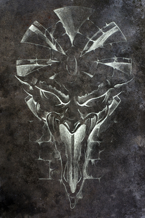 Gargoyle, Tattoo drawing on concrete wall with colorful chalk effect. textured background and color with handmade drawing.の写真素材