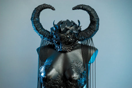 Witch. Black dress with helmet of big dark horns. pieces of metal and corset of rhinestones and laceのeditorial素材