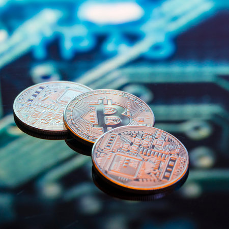 Bitcoin gold, silver and copper coins and defocused printed circuit background. Virtual...