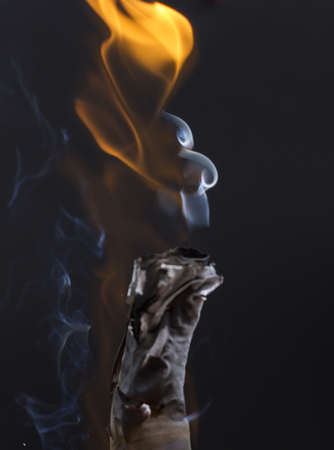 Burning cigarette with smoke on black backgroundの写真素材