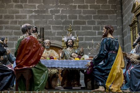 Avila, Spain - April 17, 2019. The Last Supper,  religious images of the Holy Week footsteps inside the Cathedral of Ãvila, Spainのeditorial素材