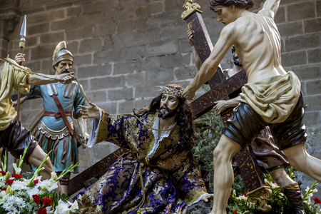 Avila, Spain - April 17, 2019. the crucifixion, religious images of the Holy Week footsteps inside the Cathedral of Ãvila, Spainのeditorial素材