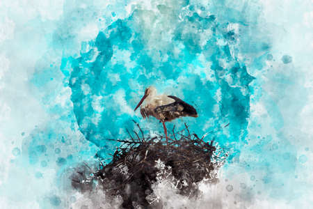 Watercolor, Season, Stork nest made of tree branches over blue sky in dramaticの写真素材