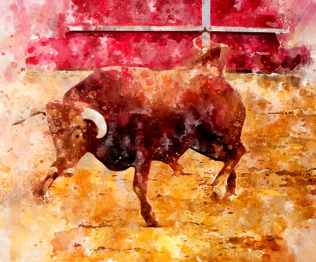 Watercolor, Brave and dangerous brown bull in the bullringの写真素材