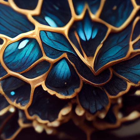 Mythology, colored shapes in the shape of dragon or turtle scales or fantastic animal, woven with golden threads, creative abstract backgroundの写真素材