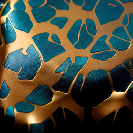 colored shapes in the shape of dragon or turtle scales or fantastic animal, woven with golden threads, creative abstract backgroundの写真素材