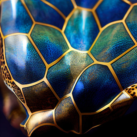 Reptile, colored shapes in the shape of dragon or turtle scales or fantastic animal, woven with golden threads, creative abstract backgroundの写真素材
