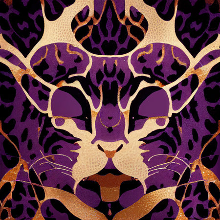 colored shapes in the shape of a tiger, leopard or jaguar head, woven from golden threads, creative abstract backgroundの写真素材