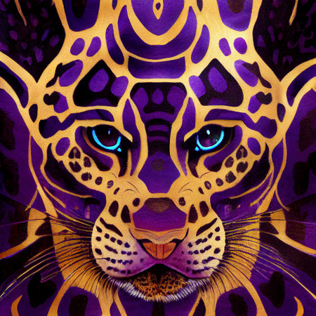 colored shapes in the shape of a tiger, leopard or jaguar head, woven from golden threads, creative abstract backgroundの写真素材