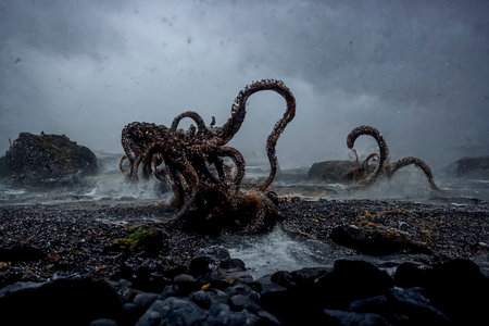 Behold the Mighty Cthulhu: A Breathtaking Stock Photo of a Giant Octopus Emerging from the Icy Waters of Iceland, Perfect for Fantasy, Horror, and Adventure Designs, created with Generative AI technologyの素材