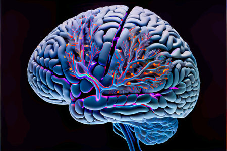 brain neuron neural communication and technology concept, brain in blue lights and electronic circuits, created with Generative AI technologyの素材