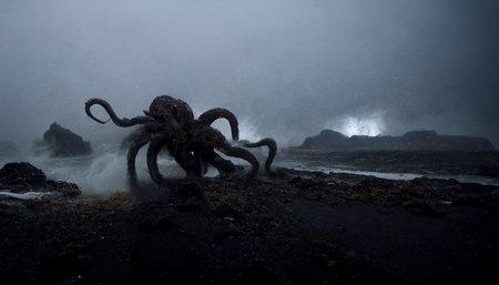 Horror, sea shore with giant octopus, fantasy image, nightmare, sunset beach with sea monster, created with Generative AI technologyの素材