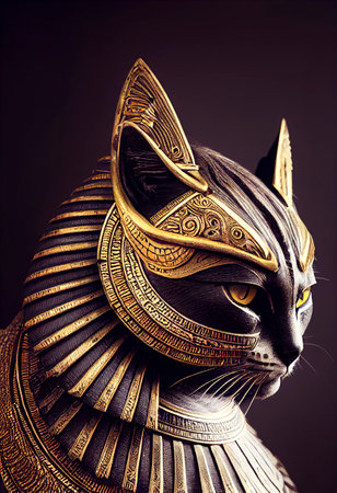 Egyptian cat in gold with gold ornaments. mythology and worship of cats created with Generative AI technologyの素材