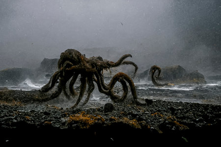 Behold the Mighty Cthulhu: A Breathtaking Stock Photo of a Giant Octopus Emerging from the Icy Waters of Iceland, Perfect for Fantasy, Horror, and Adventure Designs, created with Generative AI technologyの素材