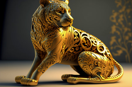Regal Elegance in Golden Hue: A Majestic Stock Photo of Highly Detailed Tiger Decoration, Perfect for Luxury Designs, Wall Art, and Exotic Themed Projects, created with Generative AI technologyの素材