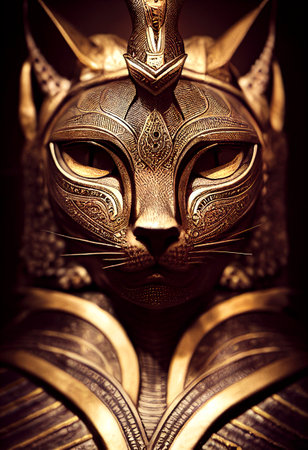 Egyptian cat in gold with gold ornaments. mythology and worship of cats created with Generative AI technologyの素材