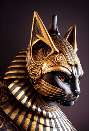 Egyptian cat in gold with gold ornaments. mythology and worship of cats created with Generative AI technologyの素材