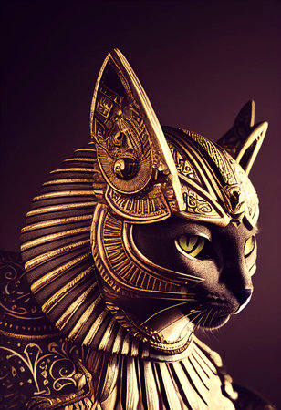 Egyptian cat in gold with gold ornaments. mythology and worship of cats created with Generative AI technologyの素材