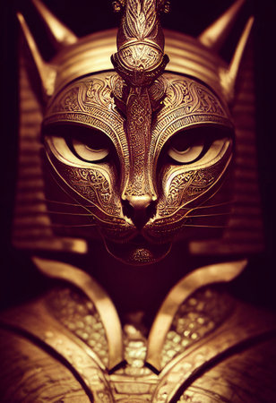 Egyptian cat in gold with gold ornaments. mythology and worship of cats created with Generative AI technologyの素材