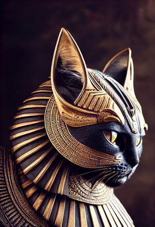 Egyptian cat in gold with gold ornaments. mythology and worship of cats created with Generative AI technologyの素材