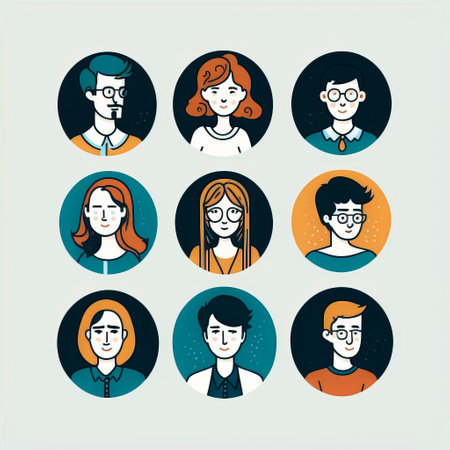 User Avatar Illustration: A Diverse Collection of Profile Icons Depicting People of Different Ages, Ethnicities, and Professions created with Generative AI technologyの素材