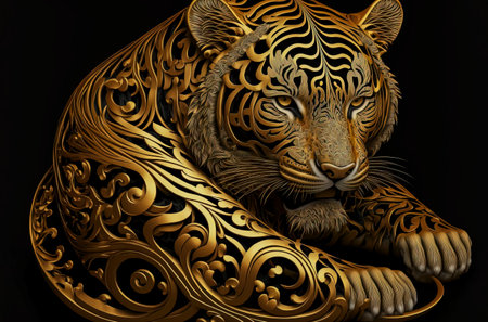 Regal Elegance in Golden Hue: A Majestic Stock Photo of Highly Detailed Tiger Decoration, Perfect for Luxury Designs, Wall Art, and Exotic Themed Projects, created with Generative AI technologyの素材